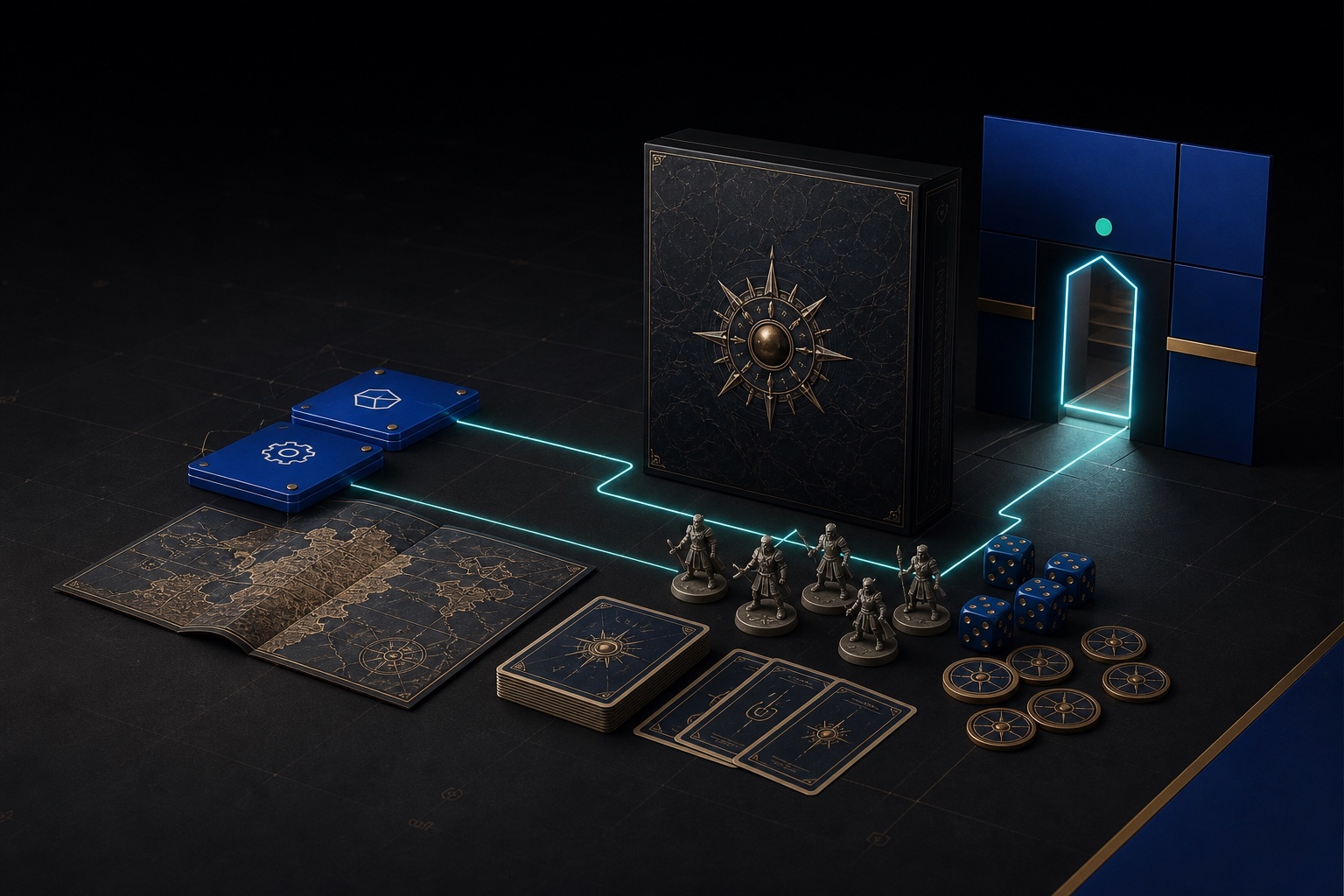 A premium tabletop game kit connected to an open storefront