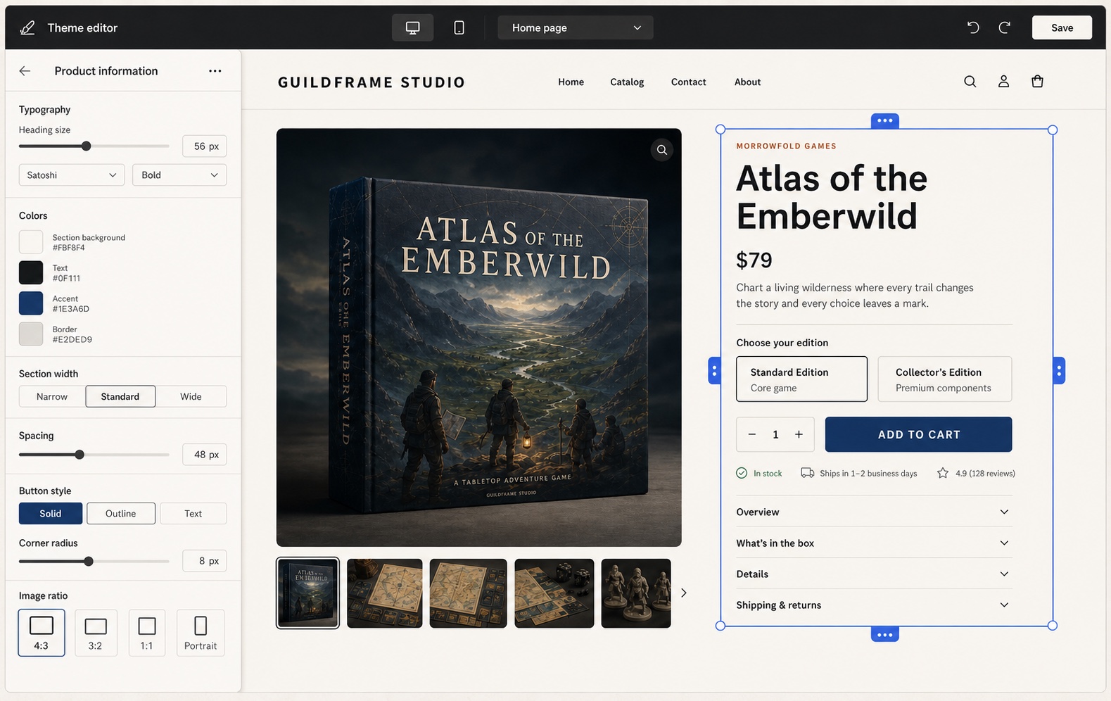 Shopify theme editor showing controls for typography, colors, spacing, width, buttons and image ratios
